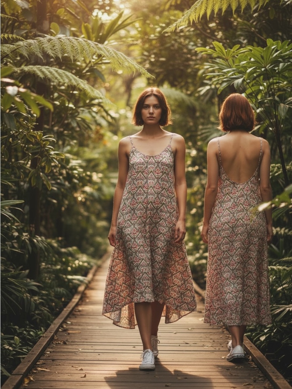 Women's Printed Spaghetti-Strap Midi Dress in Coral and Cream